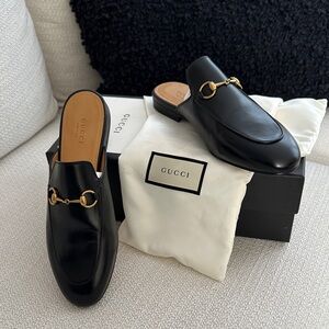 Gucci Black Leather Slip-On Shoes with Gold Detail
